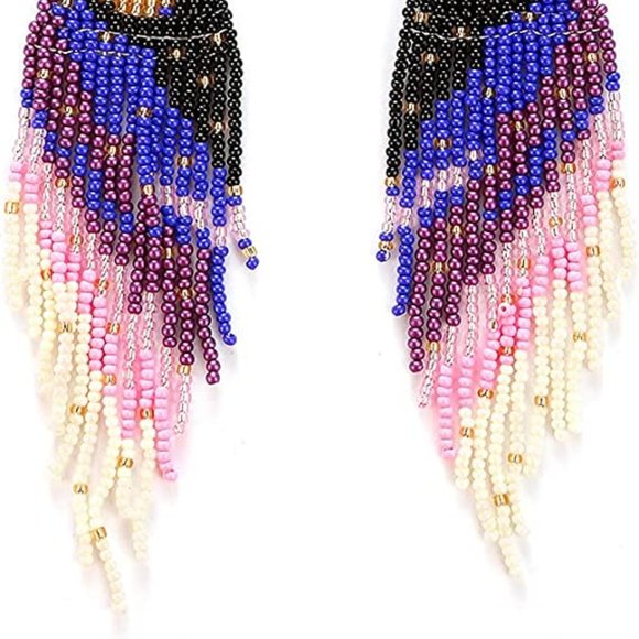 Crescent Moon Black Blue Purple Pink Long 5" Earrings Handmade Beaded Oversized - Picture 7 of 7